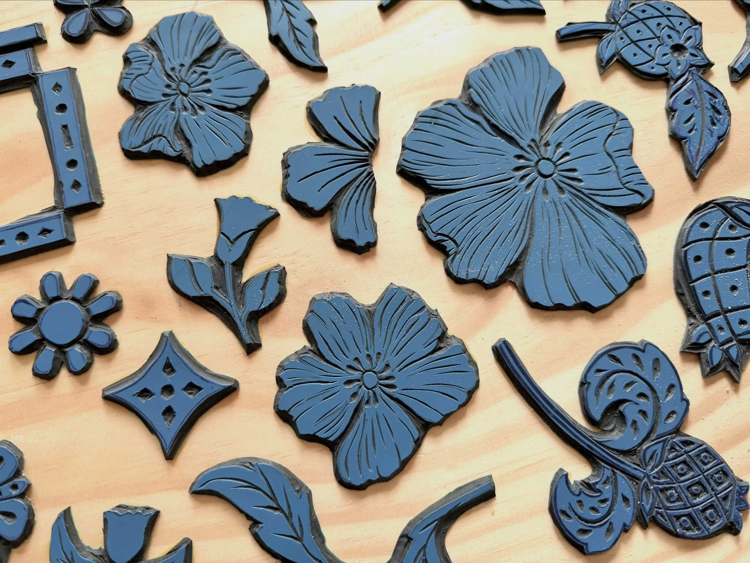Still carving many, many more blocks (have I become a bit obsessed 😆) but also moving on to the next stage with these ones, which means gluing them on to wood and then cutting out the block shape so it is easier to print with. It&rsquo;s time consum