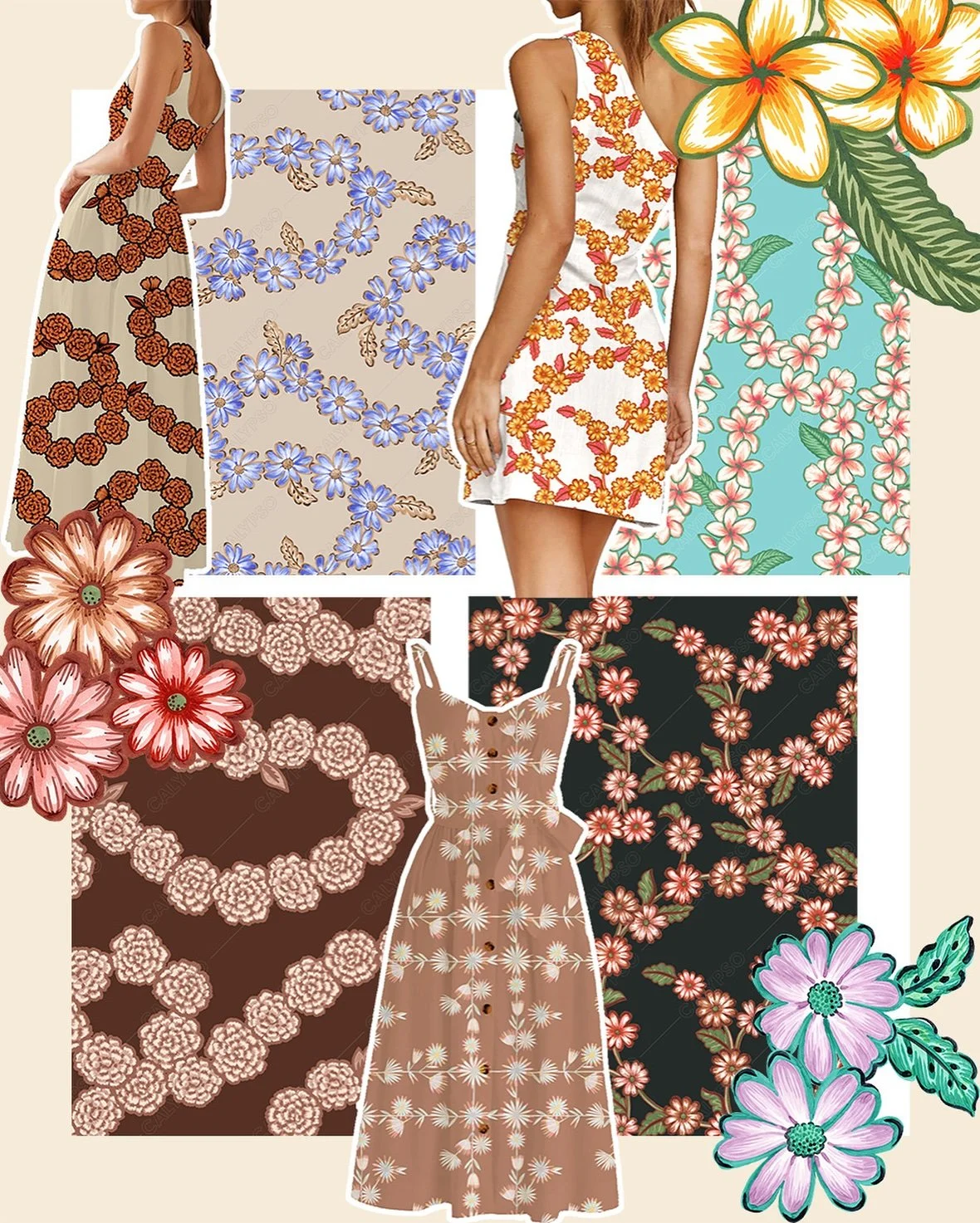 Daisy chains, strings of marigolds, frangipani leis&hellip;.

This collection is available in the Print Library now (link to shop in bio). All prints come in hi res, seamless repeat, layered files with multiple colourways🌼 

 #textiledesign #printst