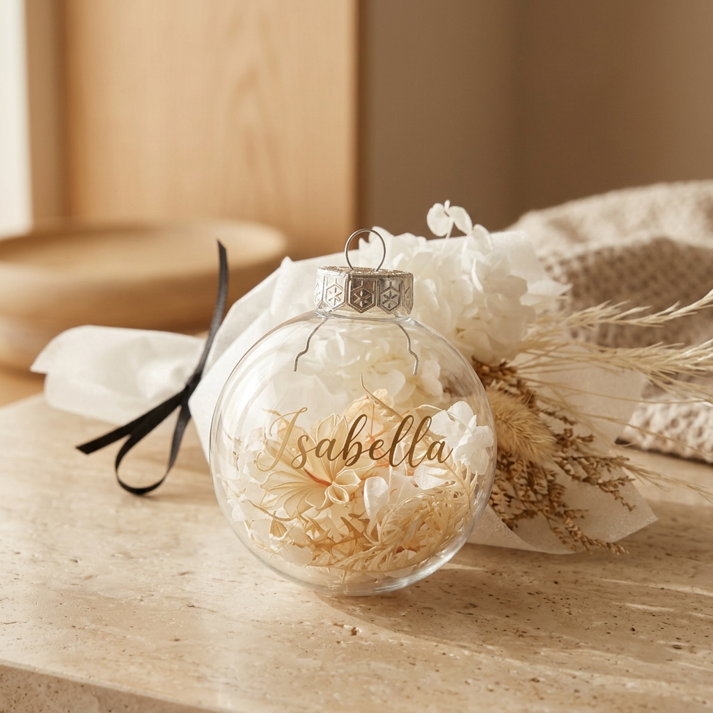 Close-up of a shatter-proof Christmas bauble filled with preserved dried flowers.