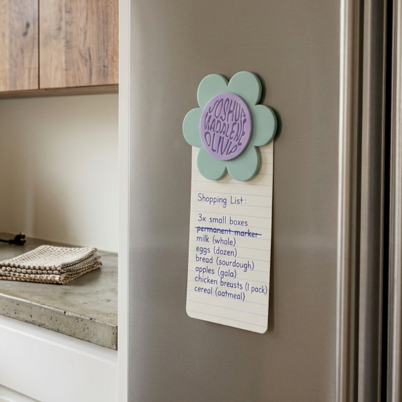 Personalised flower-shaped acrylic fridge magnets with custom names