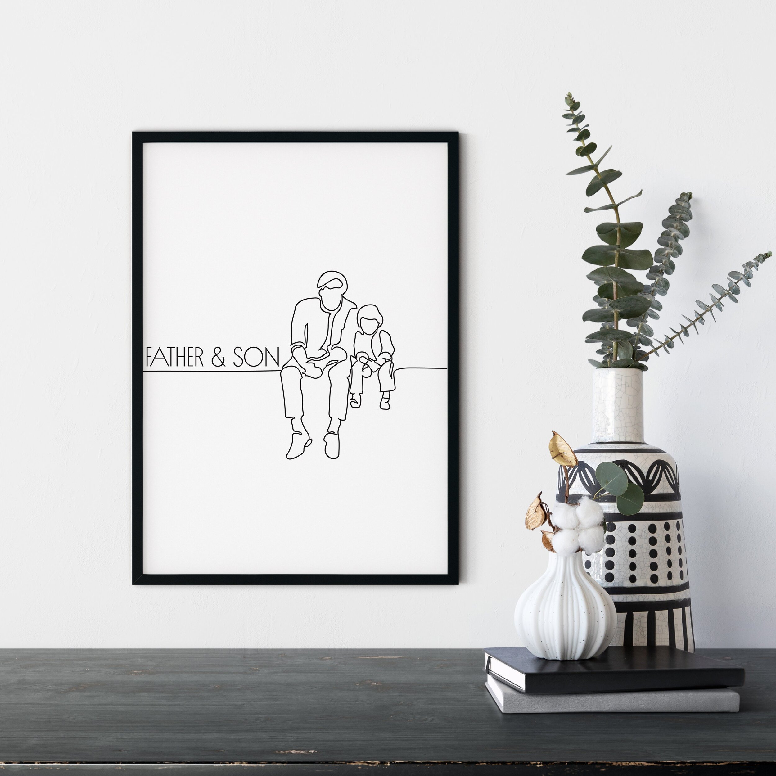 Father and daughter line art print and frame