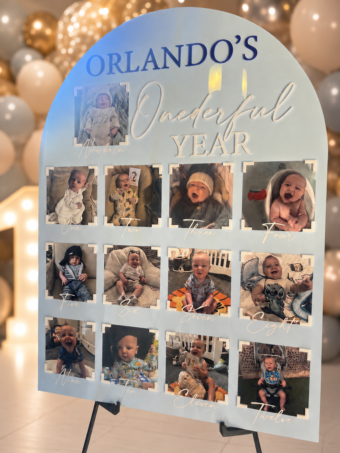 Personalised newborn to 12 month milestone board with baby photos and custom name