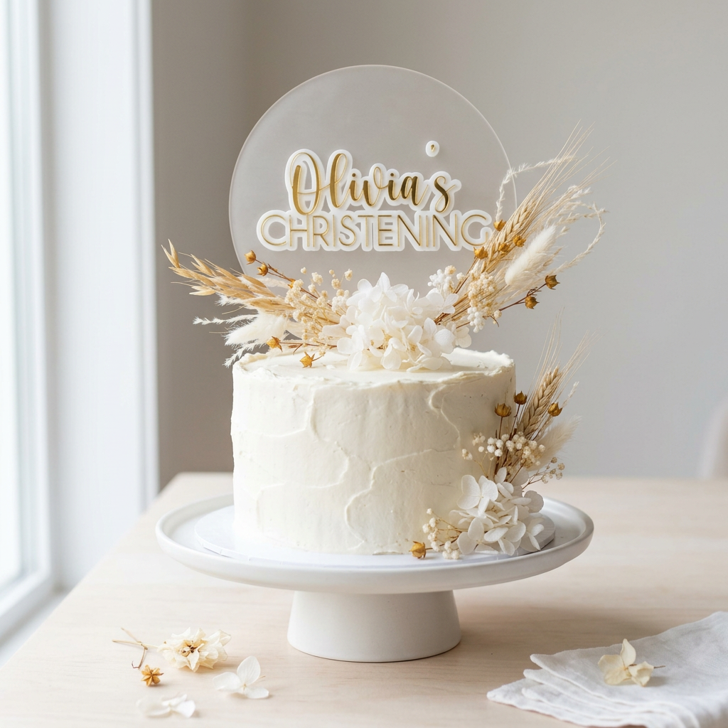 Personalised luxe three-tone acrylic cake topper with preserved florals