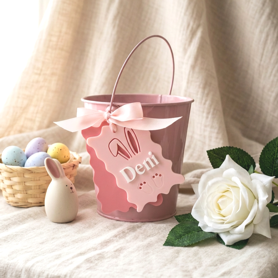 Layered pink and white acrylic Easter basket tag with personalised name and bunny ears