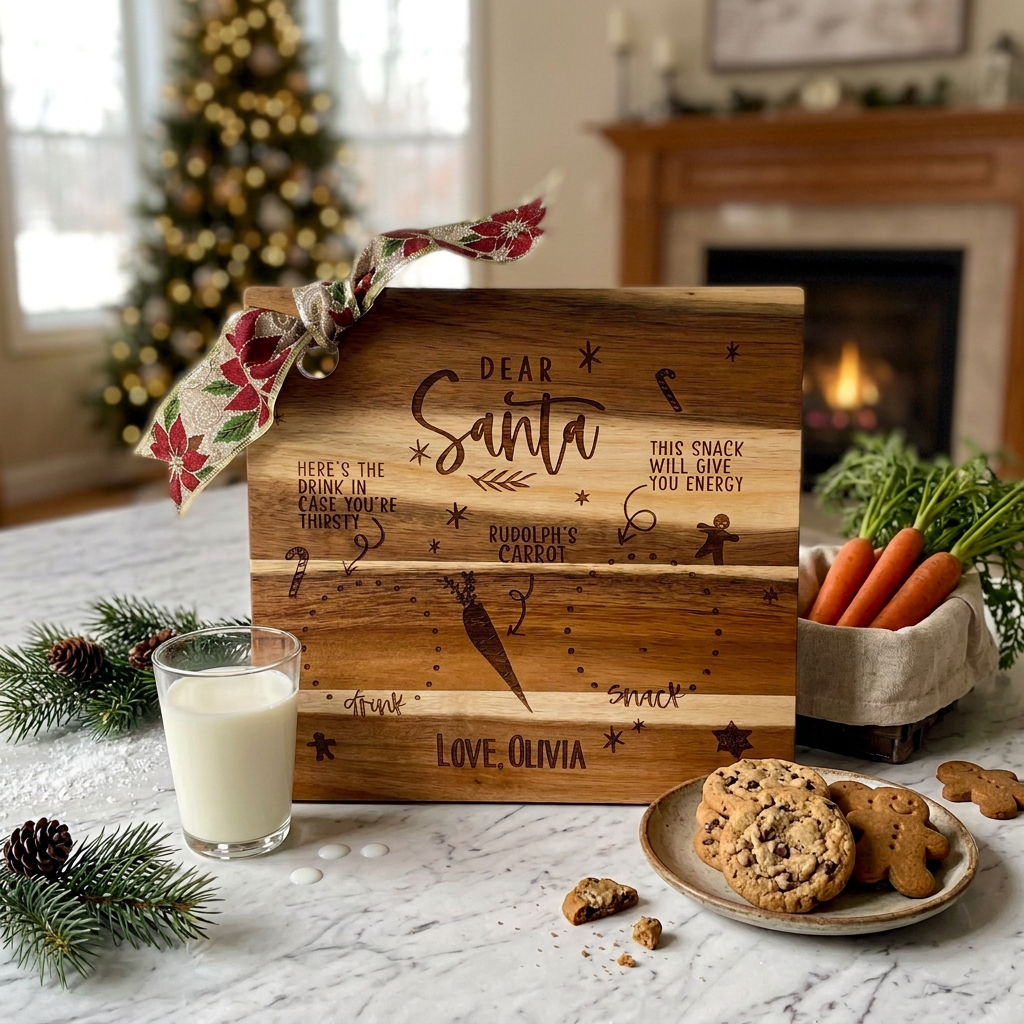 Personalised engraved acacia wood Santa tray for Christmas Eve