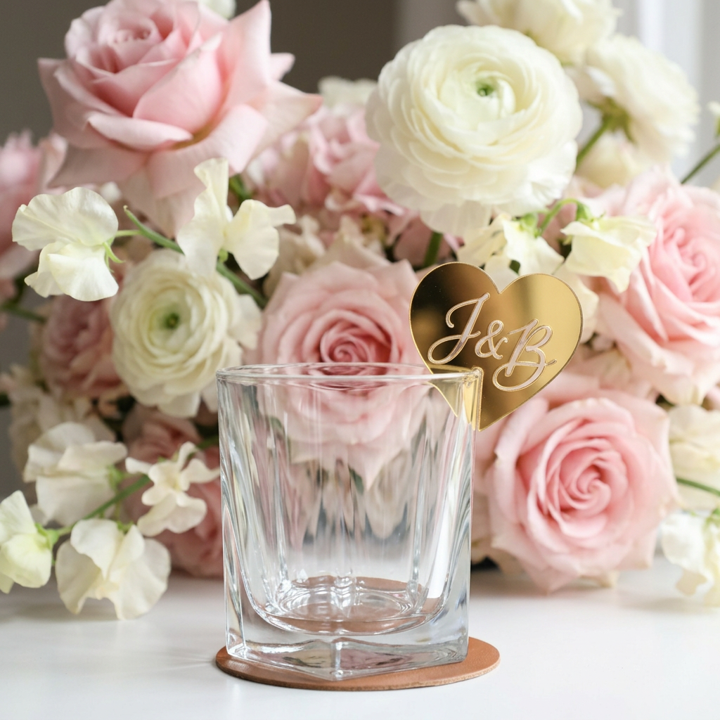 Custom shape acrylic drink tags in personalised designs for weddings and special events