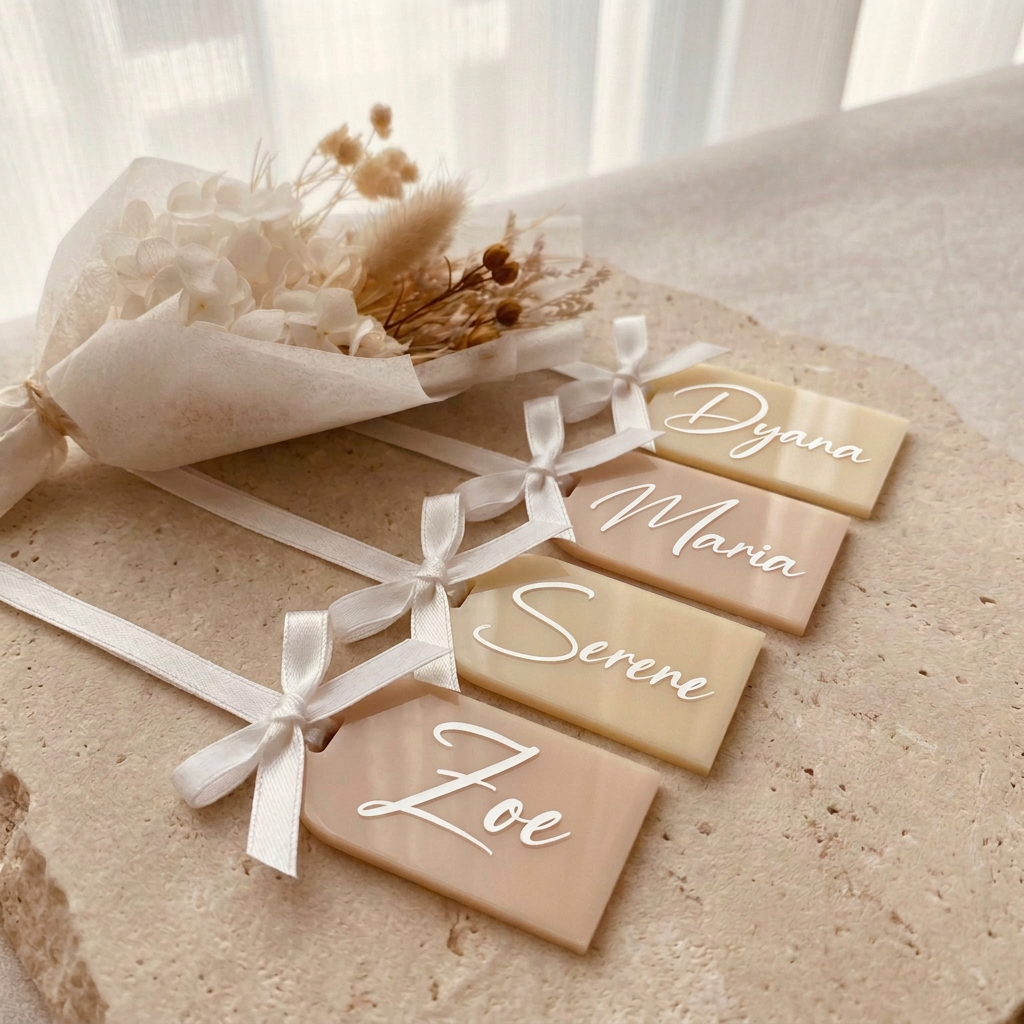 Round personalised acrylic name keyring for weddings and celebrations