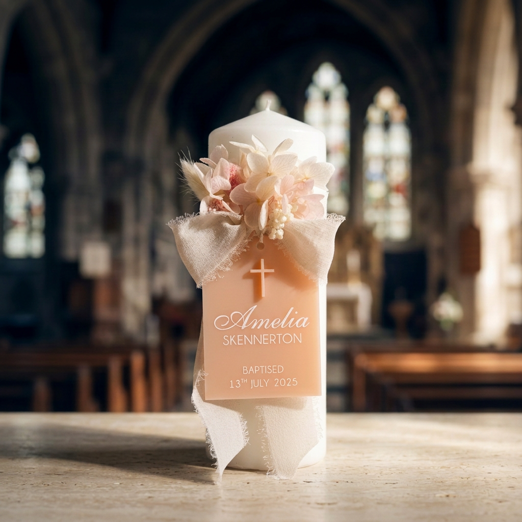 Personalised Baptism Candle with Acrylic Arch + Preserved Flowers