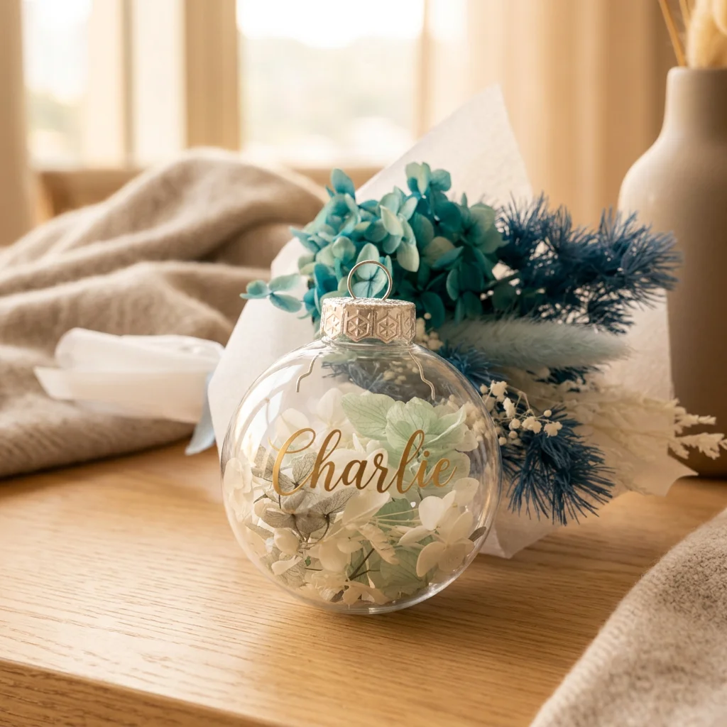 Close-up of a shatter-proof Christmas bauble filled with preserved dried flowers.