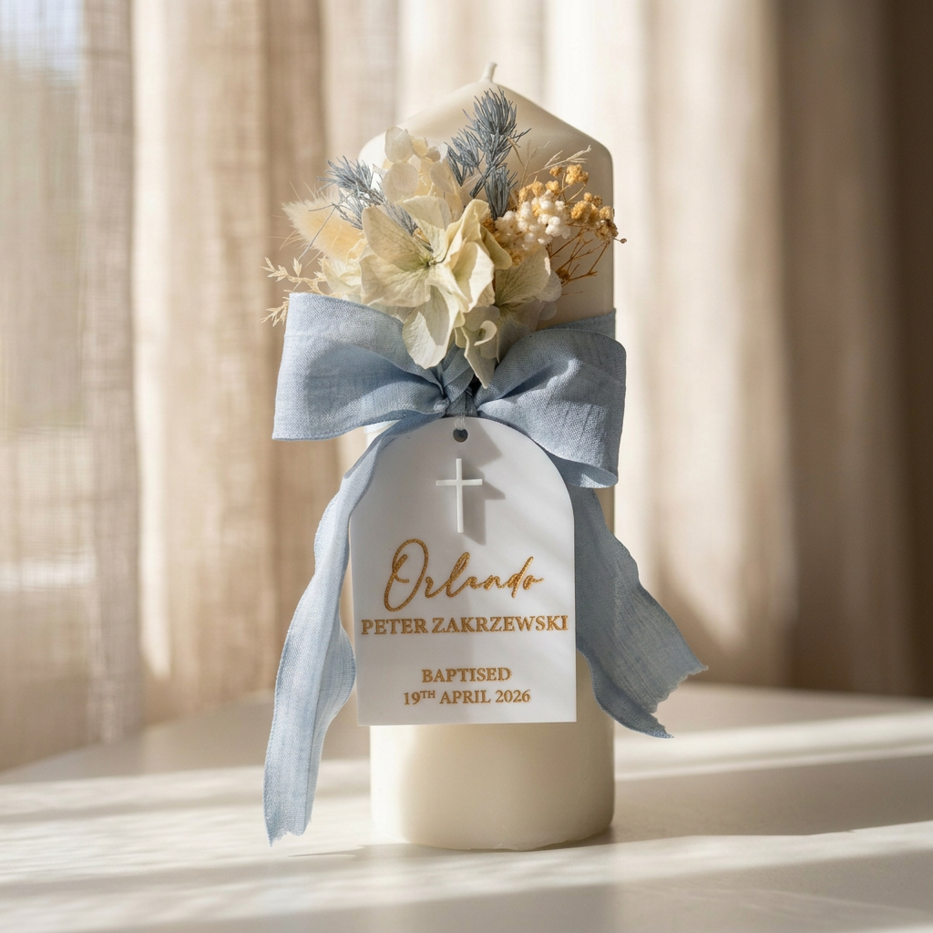 Close-up of personalised acrylic baptism candle with blue preserved flowers