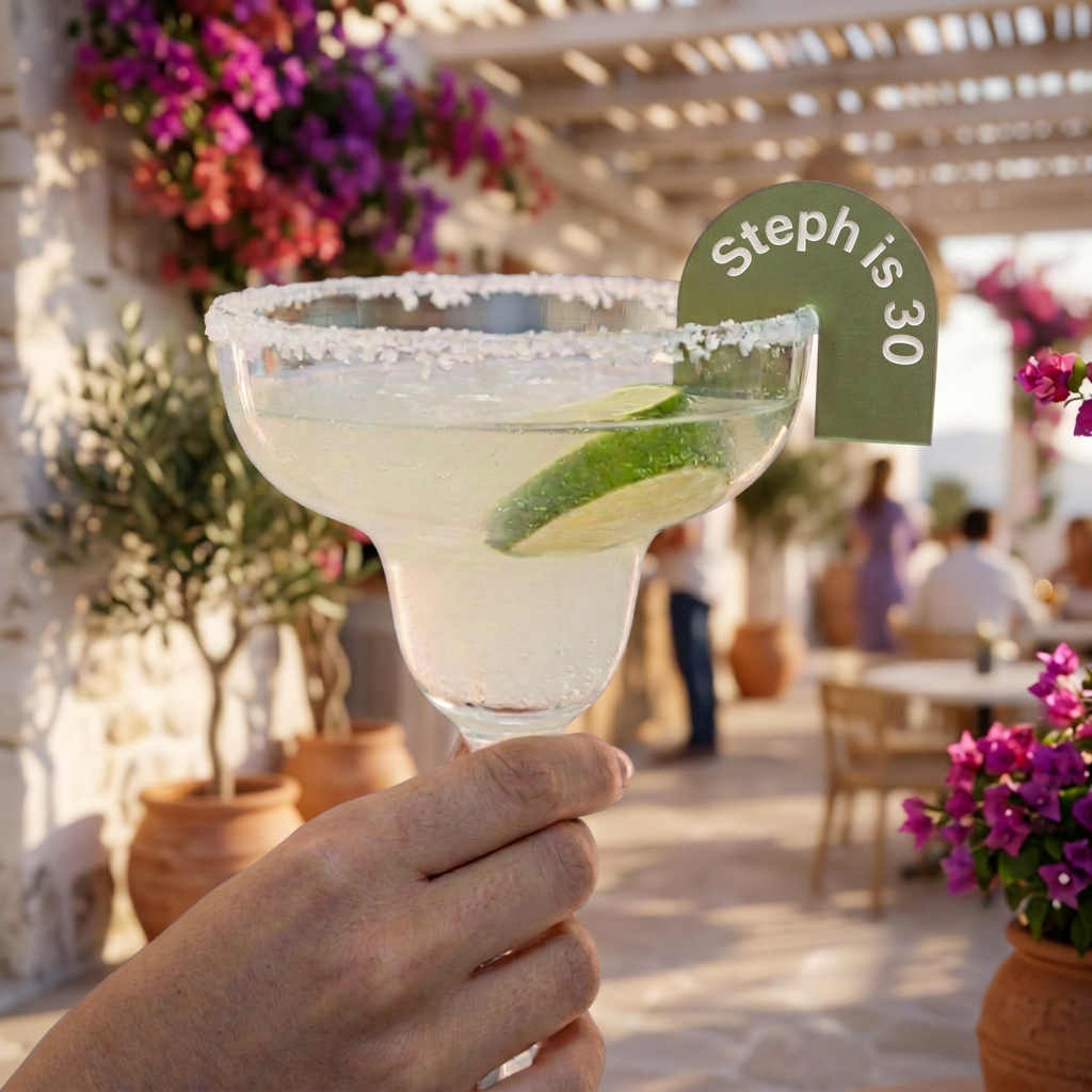 Personalised arch-shaped acrylic drink tags in a choice of colours