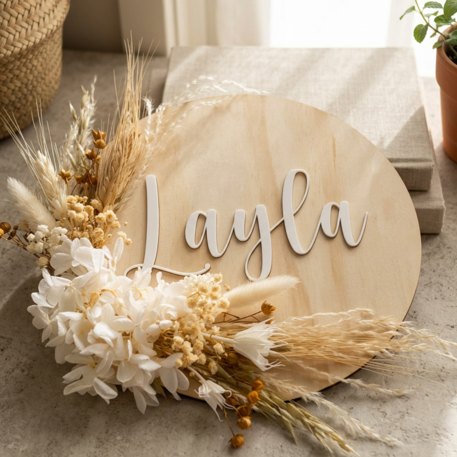 Personalised timber nursery plaque with white acrylic lettering and neutral preserved flowers