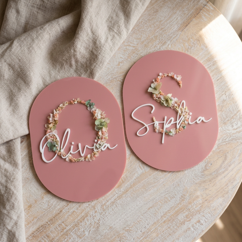 Personalised Baby Name Plaque with Preserved Flowers