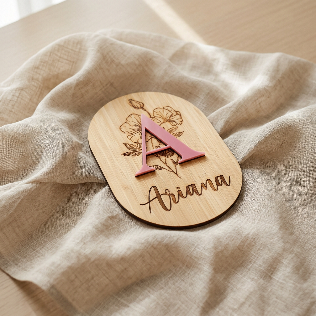 Personalised timber and acrylic baby name plaque with coloured initial and engraved name