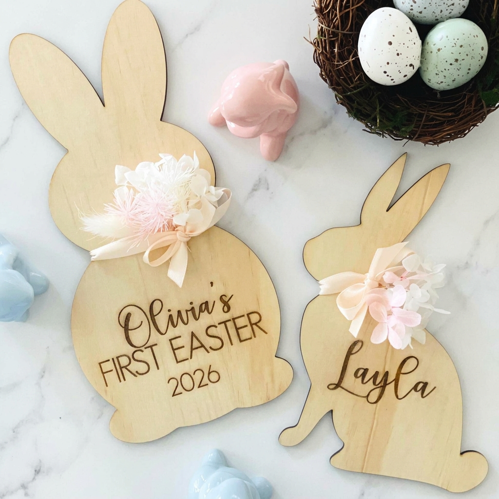 Personalised bunny-shaped Easter milestone plaque with timber base