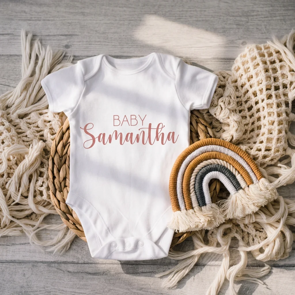 Personalised short-sleeve baby onesie featuring a custom message, suitable for a baby announcement or gift.
