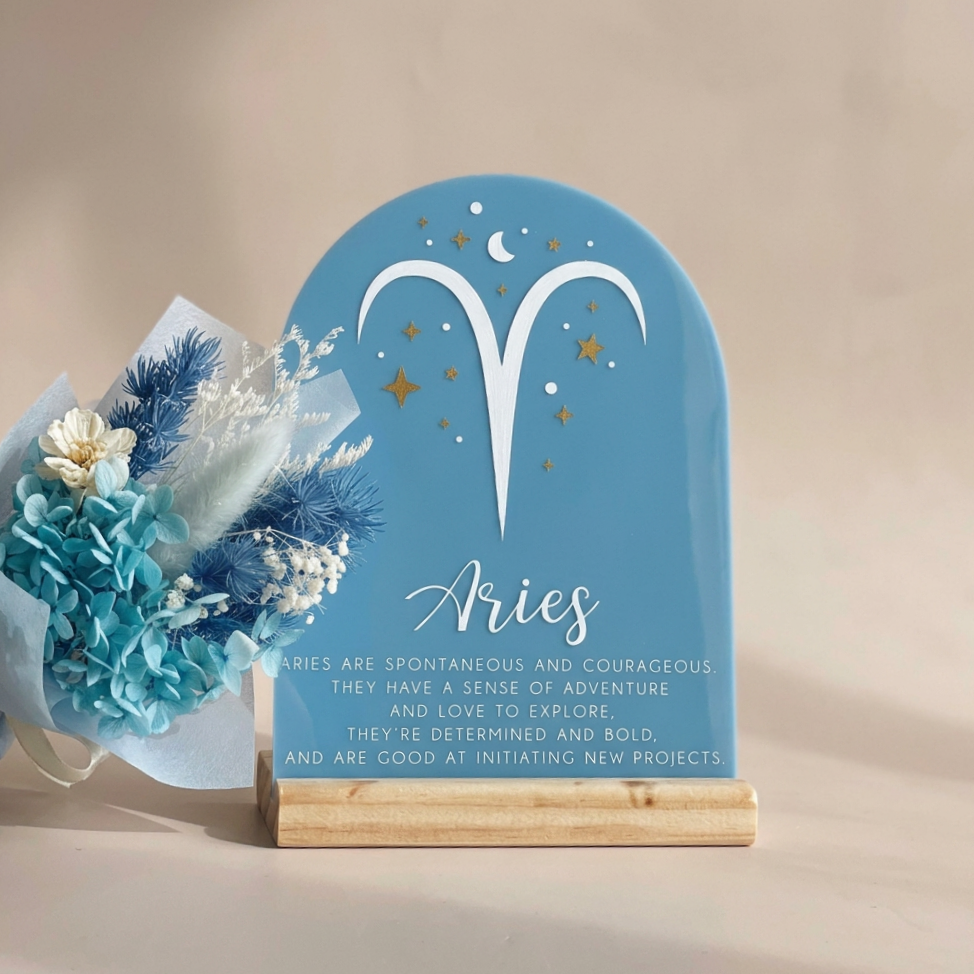 Personalised floral zodiac sign display made from acrylic and timber