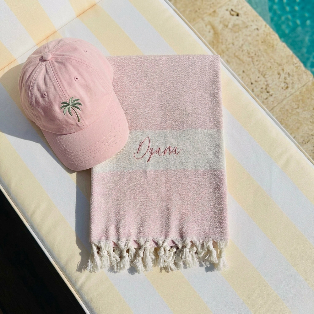 Close-up of matching embroidery on a personalised Turkish cotton towel
