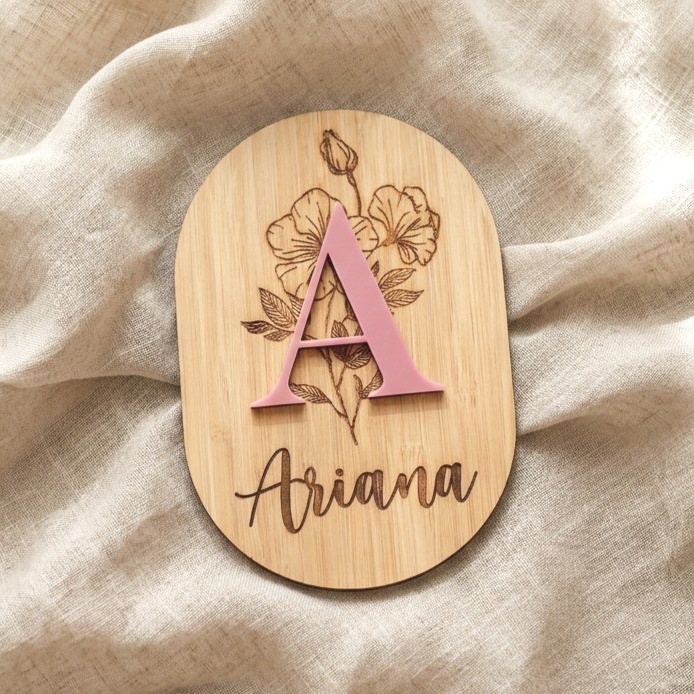 Personalised timber and acrylic baby name plaque with coloured initial and engraved name