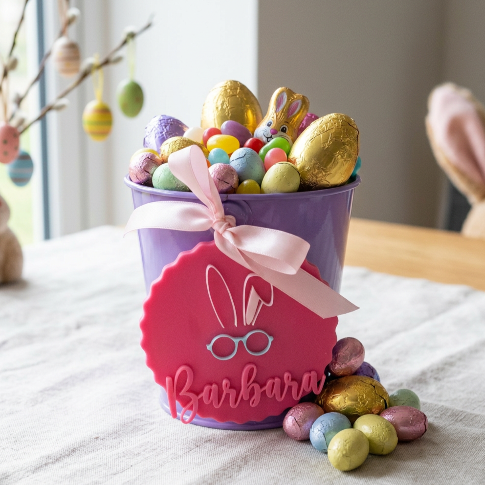 Round wavy-edge acrylic Easter basket tag in a personalised colour combination