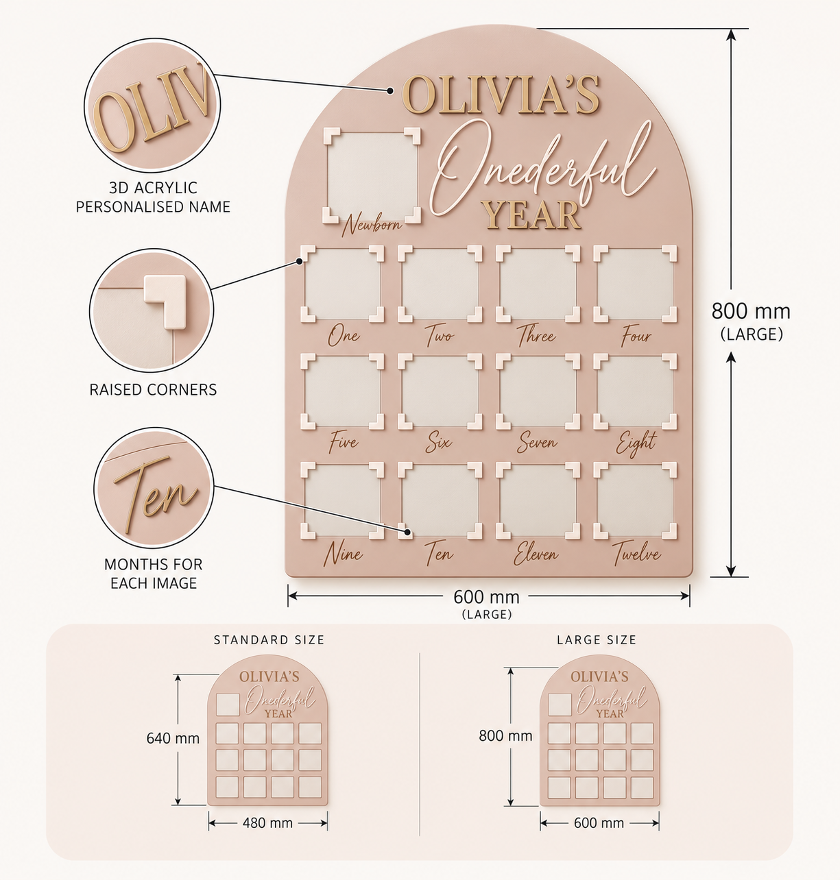 Personalised baby milestone board features and size options