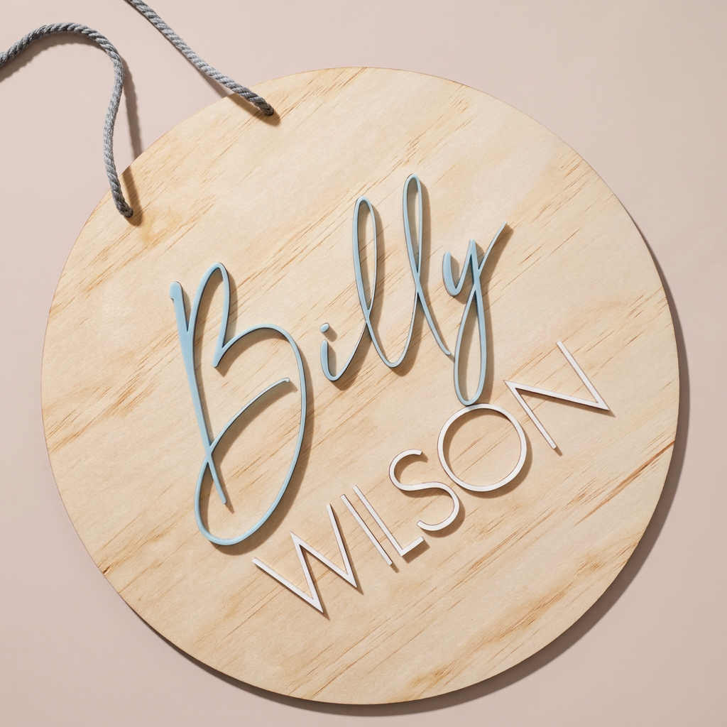 Custom round nursery plaque with acrylic name lettering