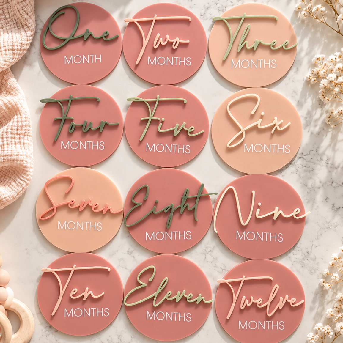 Baby’s first year acrylic milestone plaques from 1 to 12 months