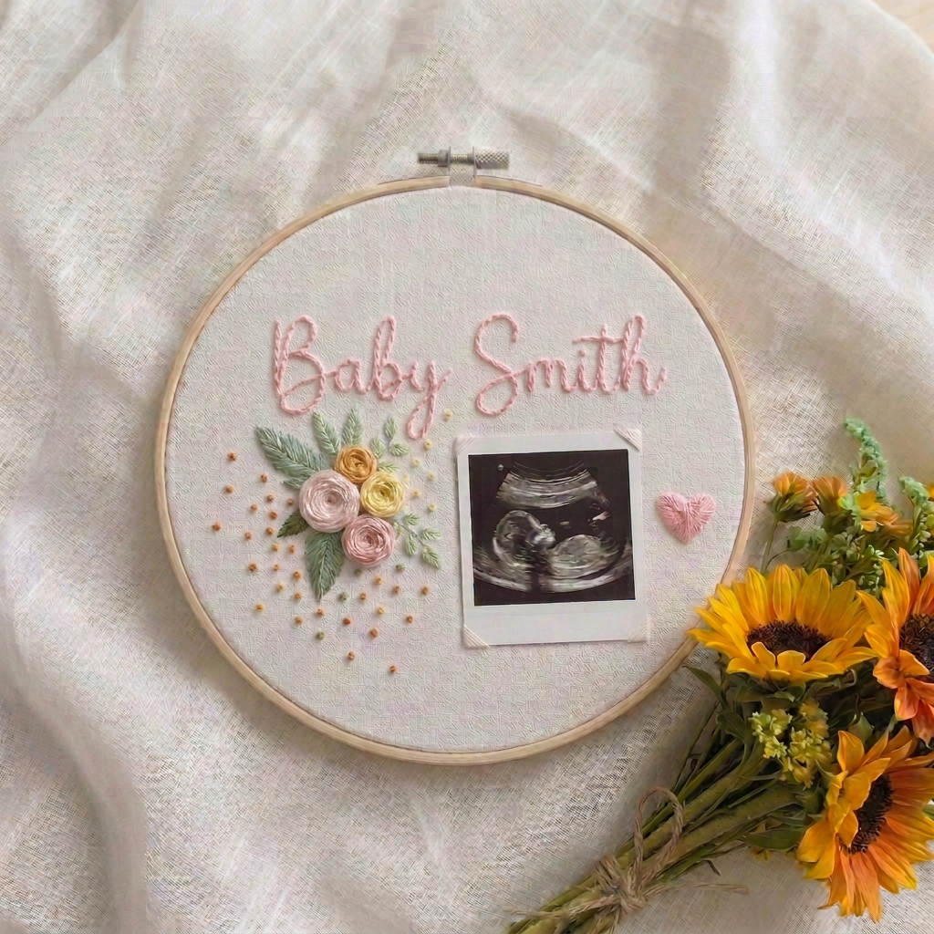 Detailed view of hand-embroidered pink flowers and personalised Polaroid photo in a wooden hoop