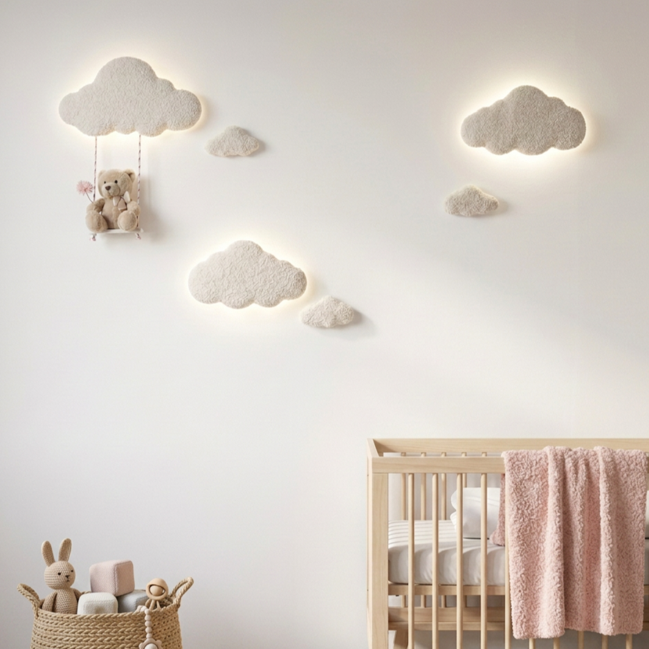 Upholstered cloud wall light set displayed in a nursery
