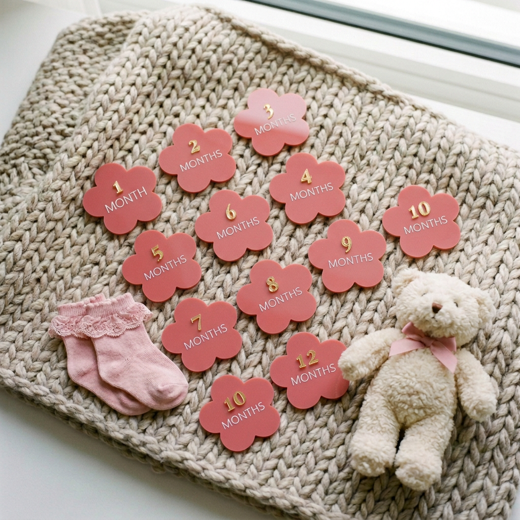 Set of 12 personalised flower-shaped acrylic baby milestone discs