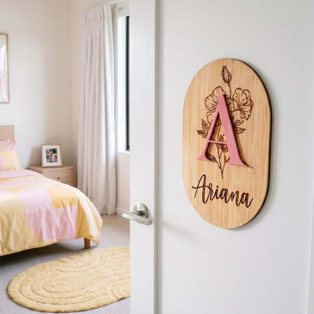Personalised timber and acrylic baby name plaque hanging on door