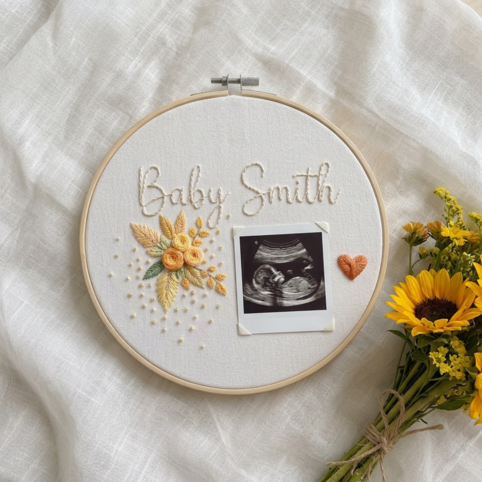 Personalised Hand-Embroidered Polaroid Hoop with Floral Detail