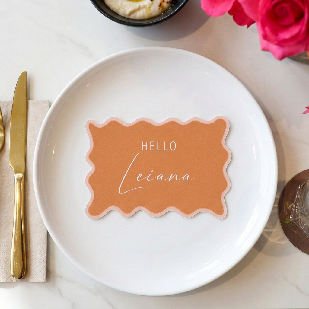 Personalised guest name cards with a modern wavy design for event table styling