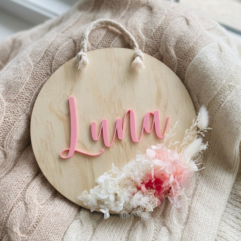 Personalised round timber plaque with pink name lettering and white preserved flowers