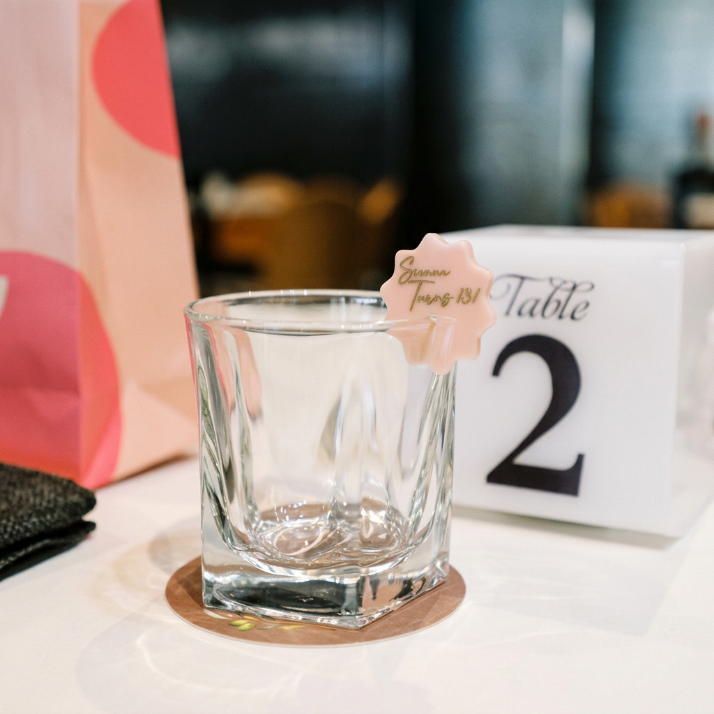 Wavy acrylic drink markers fitted onto glass rims