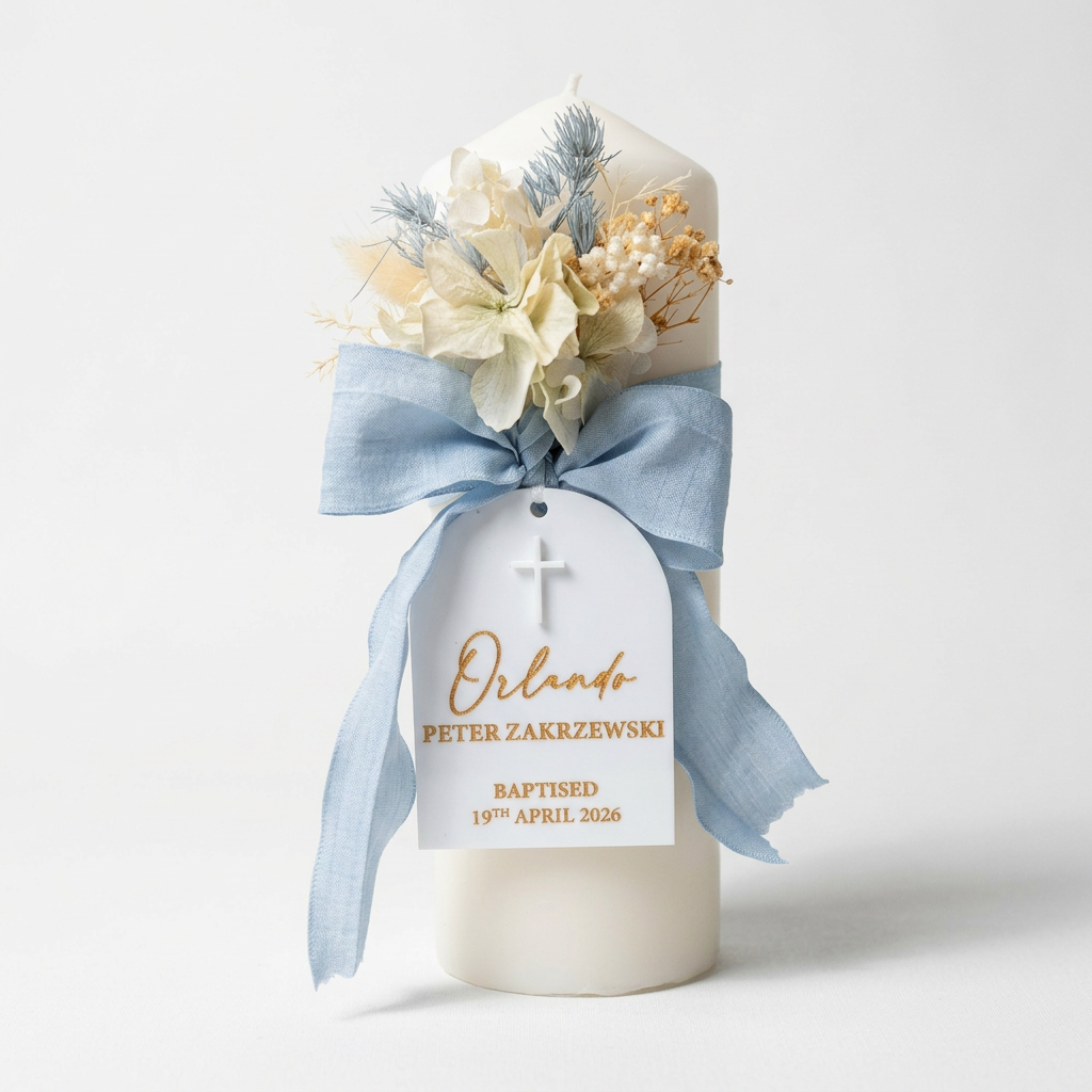 Personalised baptism candle with name, event and date in blue