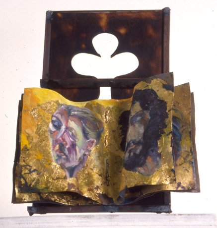  Stained shaped wood stand with book made from paintings on lead with gold leaf 