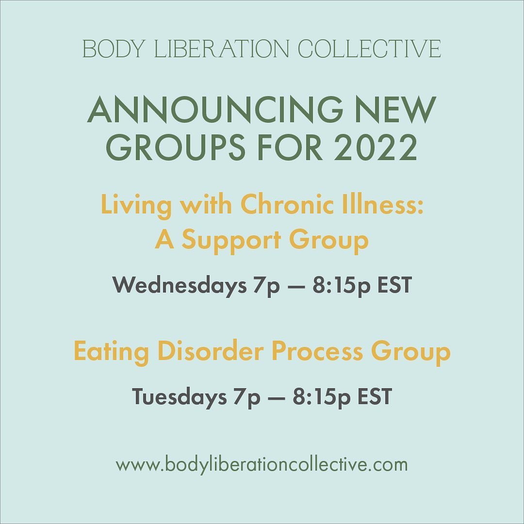 I am excited to announce that my practice has two new groups starting Feb 2022! Both will be led by the wonderful @the.solutionfocused.therapist. 

If you&rsquo;re interested please view the groups tab on www.bodyliberationcollective.com (link in bio