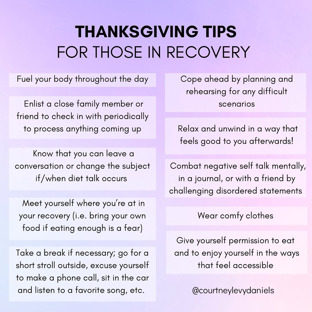 Thanksgiving can be particularly challenging for those healing their relationship to food and their body. Here are some tips to help you cope 💜