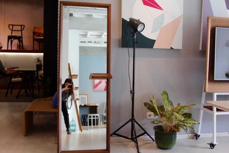 Alvin T standing Cemara mirror, with a built in shelf and hook. Made of solid teak