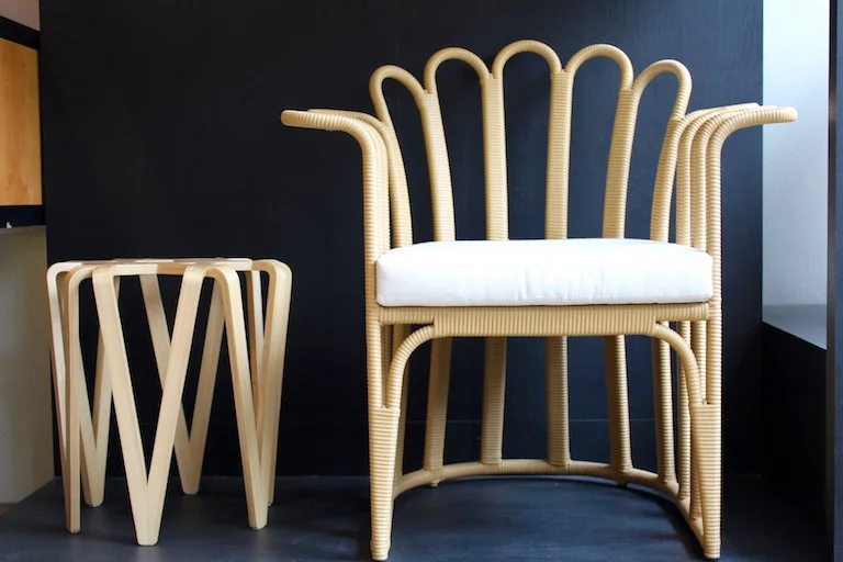 Loop stool made from laminated bamboo and Malya dining chair