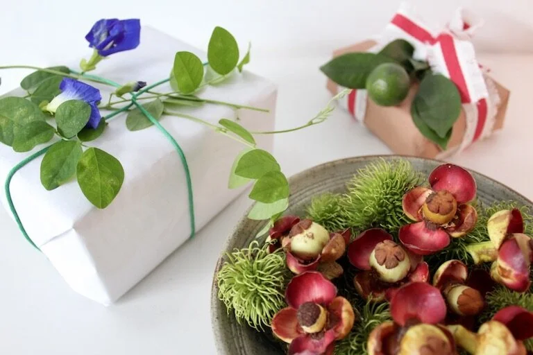 Holiday Gift Wrapping using Foliage and Fabric