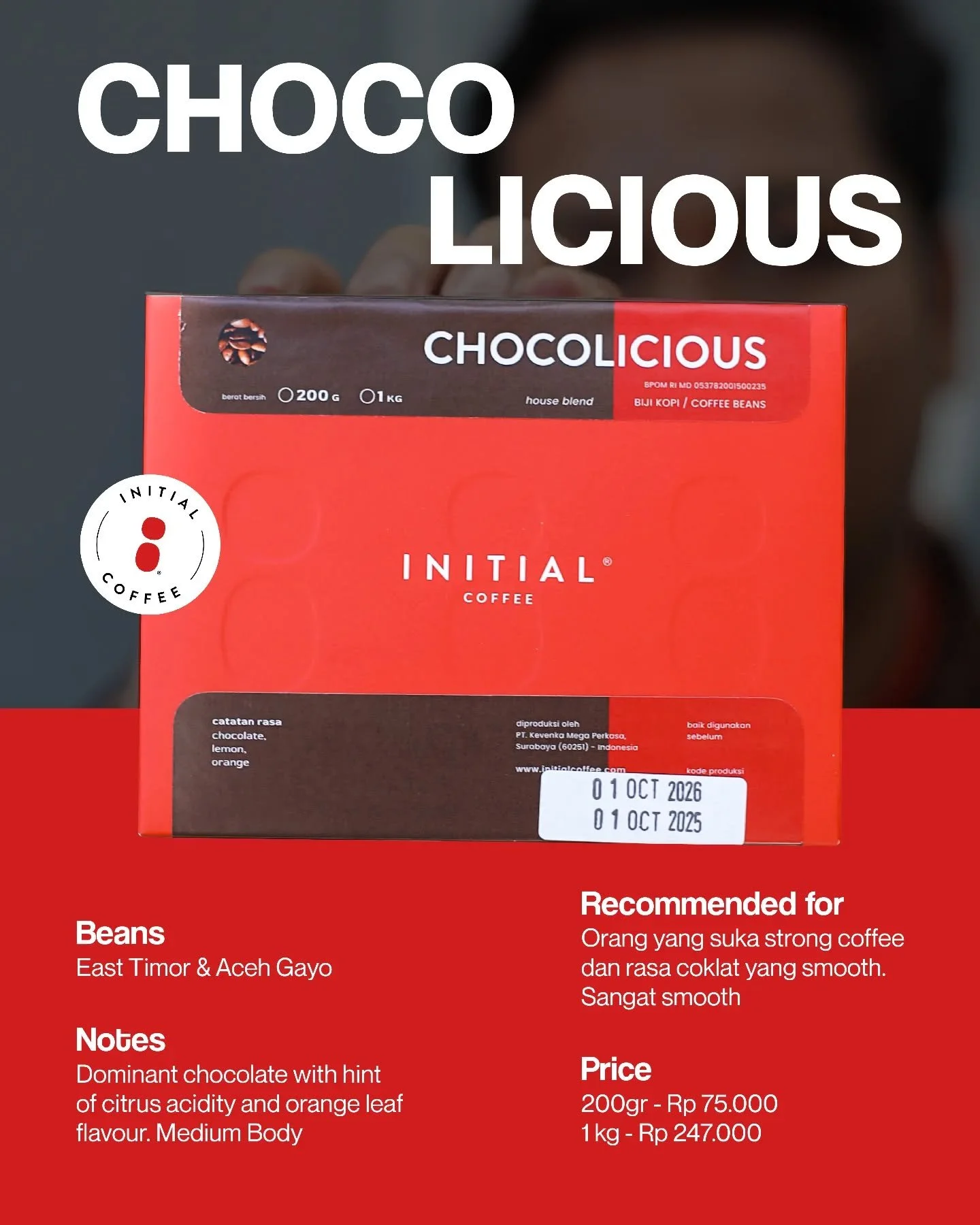 Yang punya usaha FnB, bisa cobain beans jenis satu ini! Cocok untuk orang yang suka strong coffee dengan rasa coklat lebih smooth. 

Coba Chocolicious dari @initialcoffee.id! ✨️
___

Initial Coffee Roasters
Jl. Anjasmoro No. 32, Surabaya
Senin - Sabt