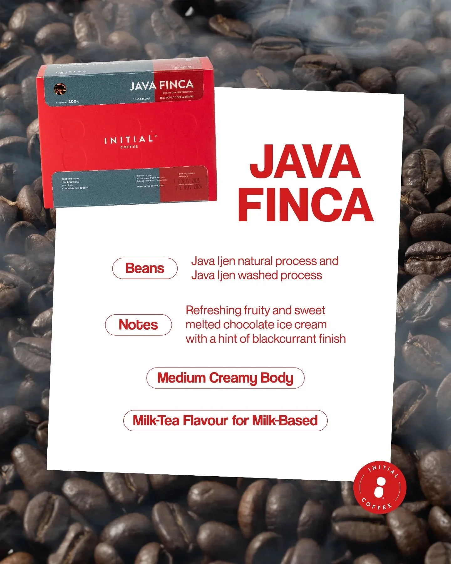 Proses alami, citarasa autentik! Kali ini dengan Java Finca, kombinasi rasa fruity &amp; chocolatey dengan sensasi yang unik buat Teman-Teman Initial coba! ✨️
___

Initial Coffee Roasters
Jl. Anjasmoro No. 32, Surabaya
Senin - Sabtu 09:00 - 17:00
Min