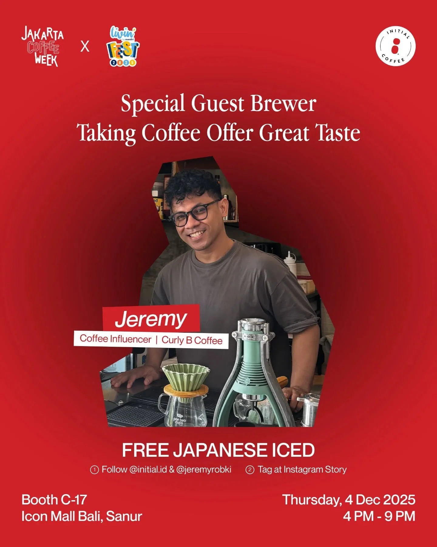 Our friends are here to make the event even more exciting&nbsp;

Come by, say hello, and enjoy the coffee we&rsquo;ve specially brought just for you!

Booth C17
📍Icon Mall Bali, Sanur
🗓 Thu-Sun, December 4-7
⏰️ 10 am - 10 pm 
___

Initial Coffee Ro