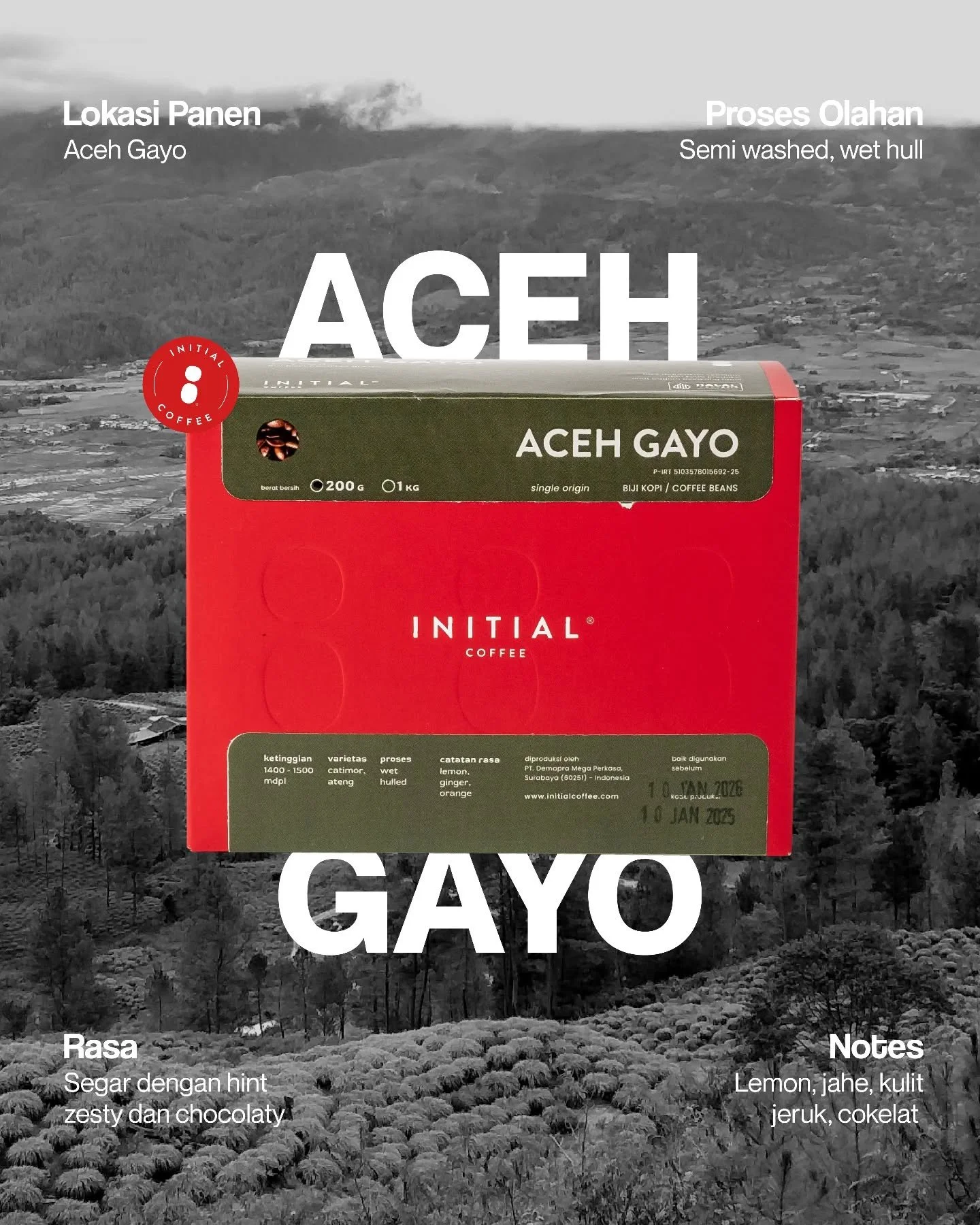 Rasa Indonesia yang khas, cukup segar dengan dominasi note lemon serta jahe. Aceh Gayo dari @initialcoffee.id! 

___

Initial Coffee Roasters
Jl. Anjasmoro No. 32, Surabaya
Senin - Sabtu 09:00 - 17:00
Minggu &amp; Hari Libur Nasional - tutup 

Tokope