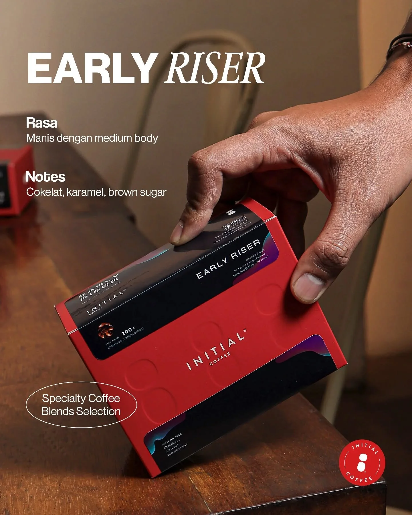 Rasa manis dengan medium body, Early Riser cocok untuk dinikmati pagi hari yang bikin lebih semangat! ✨️
___

Initial Coffee Roasters
Jl. Anjasmoro No. 32, Surabaya
Senin - Sabtu 09:00 - 17:00
Minggu &amp; Hari Libur Nasional - tutup 

Tokopedia: tok