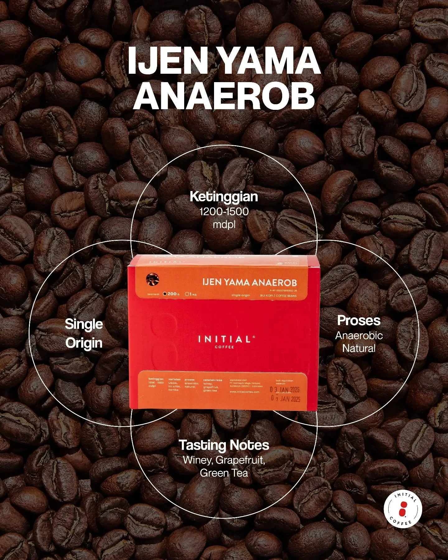 Ijen Yama Anaerob, salah satu specialty beans dengan dominasi rasa grapefruit - winey yang spesial. 🍇☕️
___

Initial Coffee Roasters
Jl. Anjasmoro No. 32, Surabaya
Senin - Sabtu 09:00 - 17:00
Minggu &amp; Hari Libur Nasional - tutup 

Tokopedia: tok