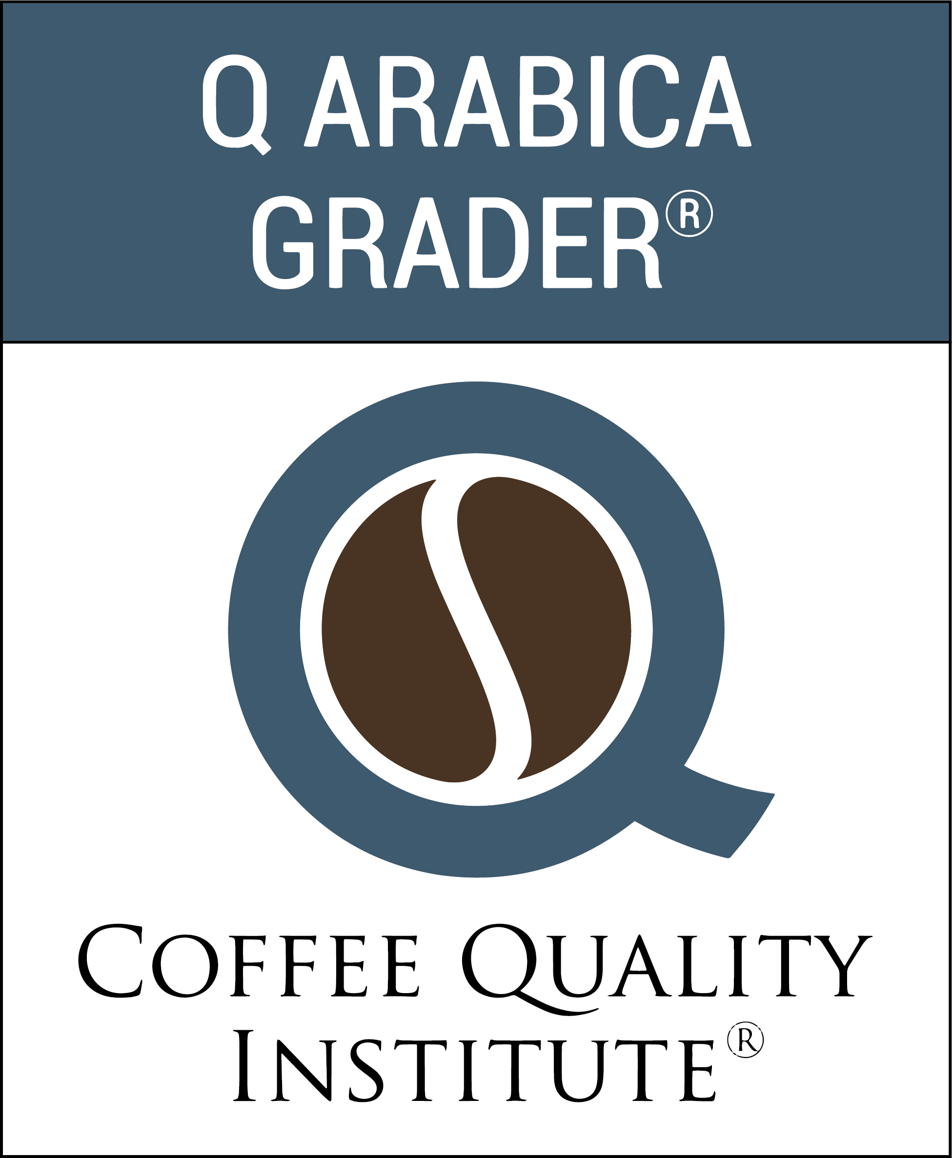 Logo for Coffee Quality Institute featuring a stylized coffee bean and the words "Q Arabica GRAder," with the text "Coffee Quality Institute" below.