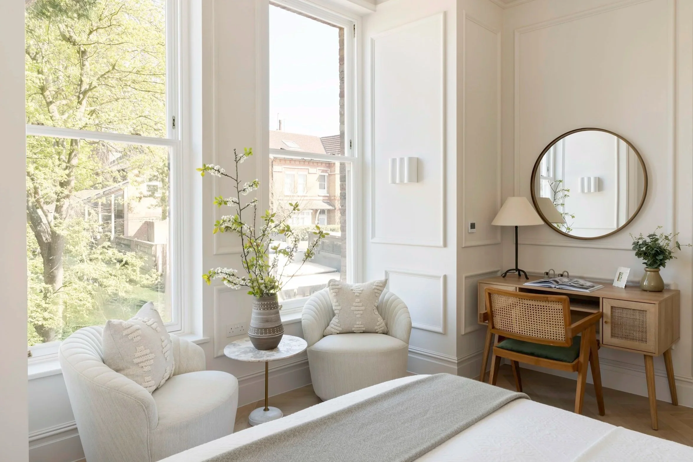 Bedroom staged with seating and a dressing table at Somerset Road, Ealing, by Decor No5.